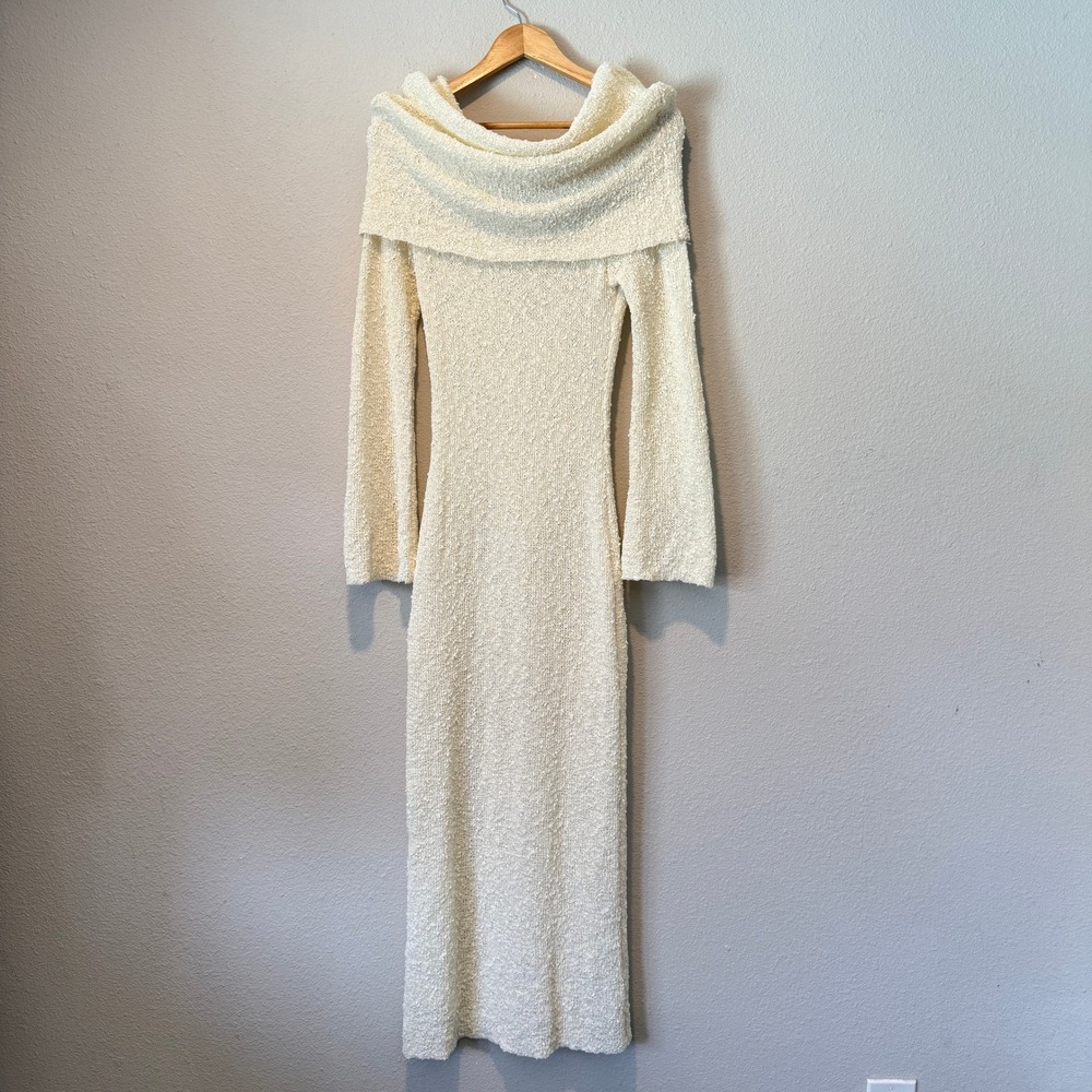 Meshki Cream Off The Shoulder Textured Knit Bell Sleeve Maxi Dress XL